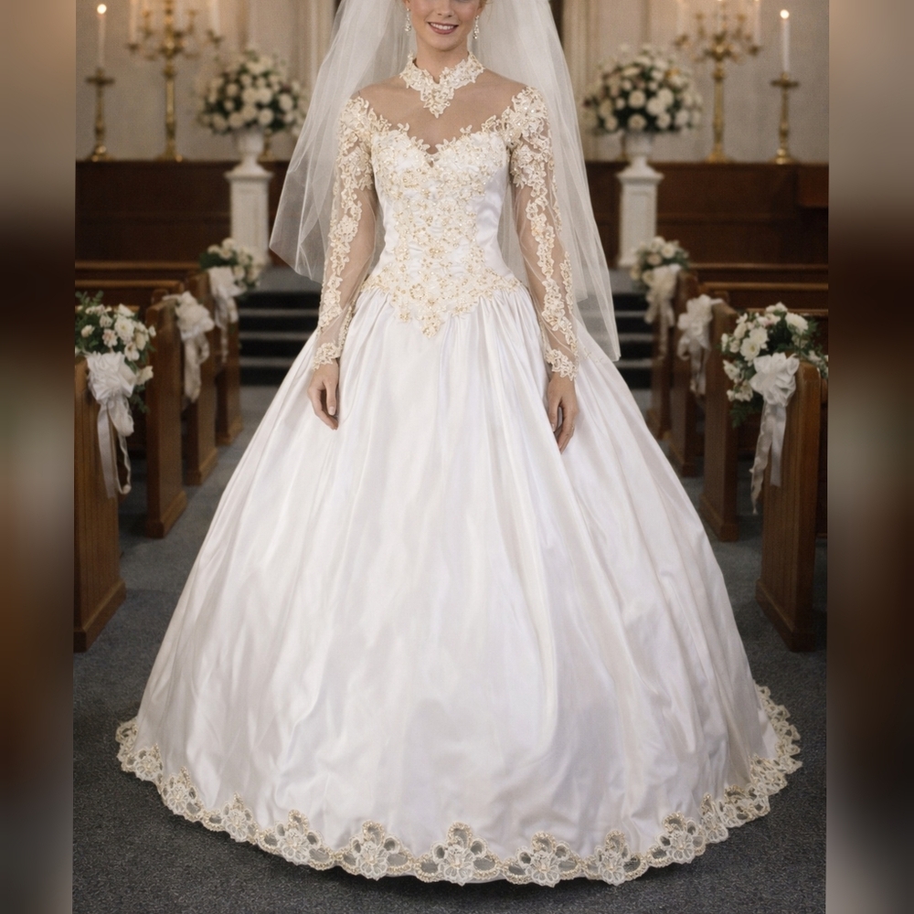 Alfred Angelo Vintage 80s 90s White Satin Long Sleeve Wedding Dress sz 10